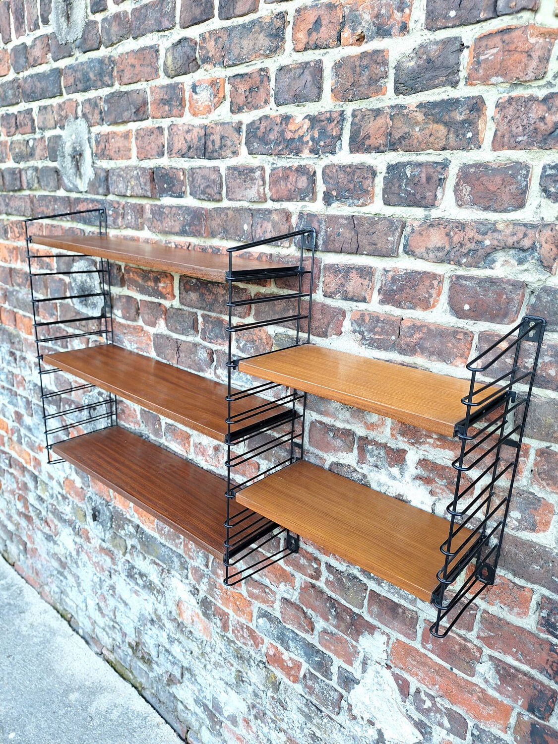 Vintage wood and metal shelves, designer storage.