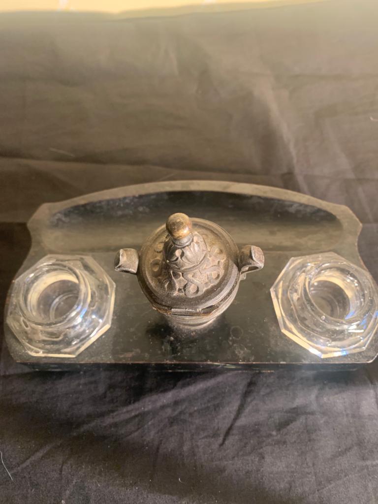 Bronze and wood inkwell