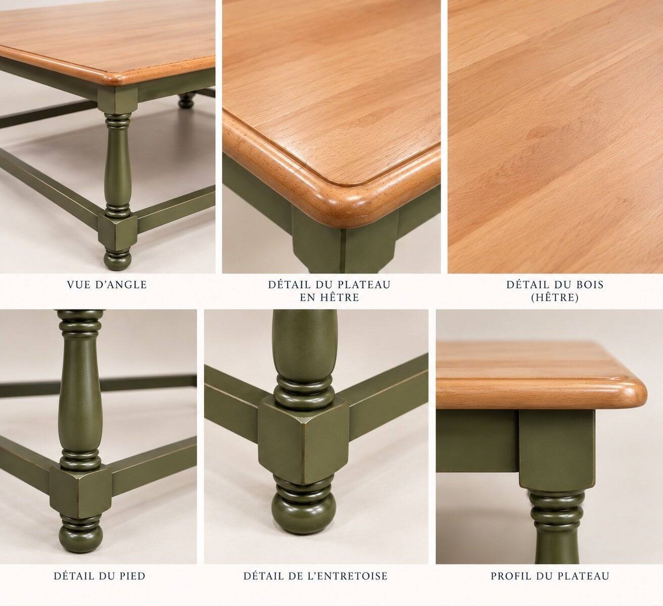 Table basse style Louis XIII – Hêtre massif – Bicolore vert kaki