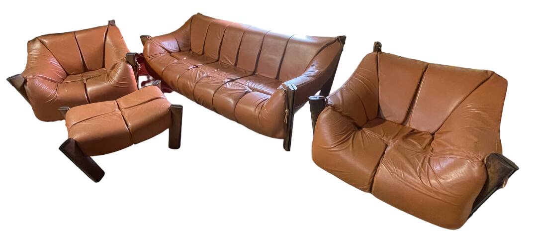 Percival lafer mp-211 sofa set with two armchairs and an ottoman in leather.