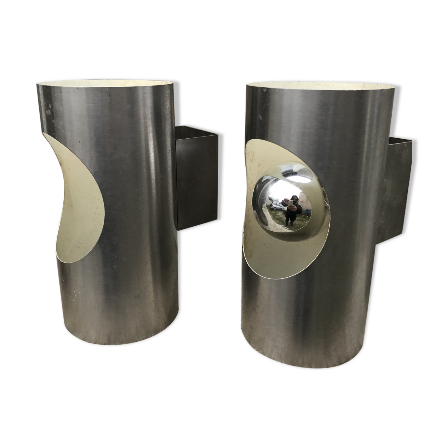 Pair 1970 brushed metal wall light