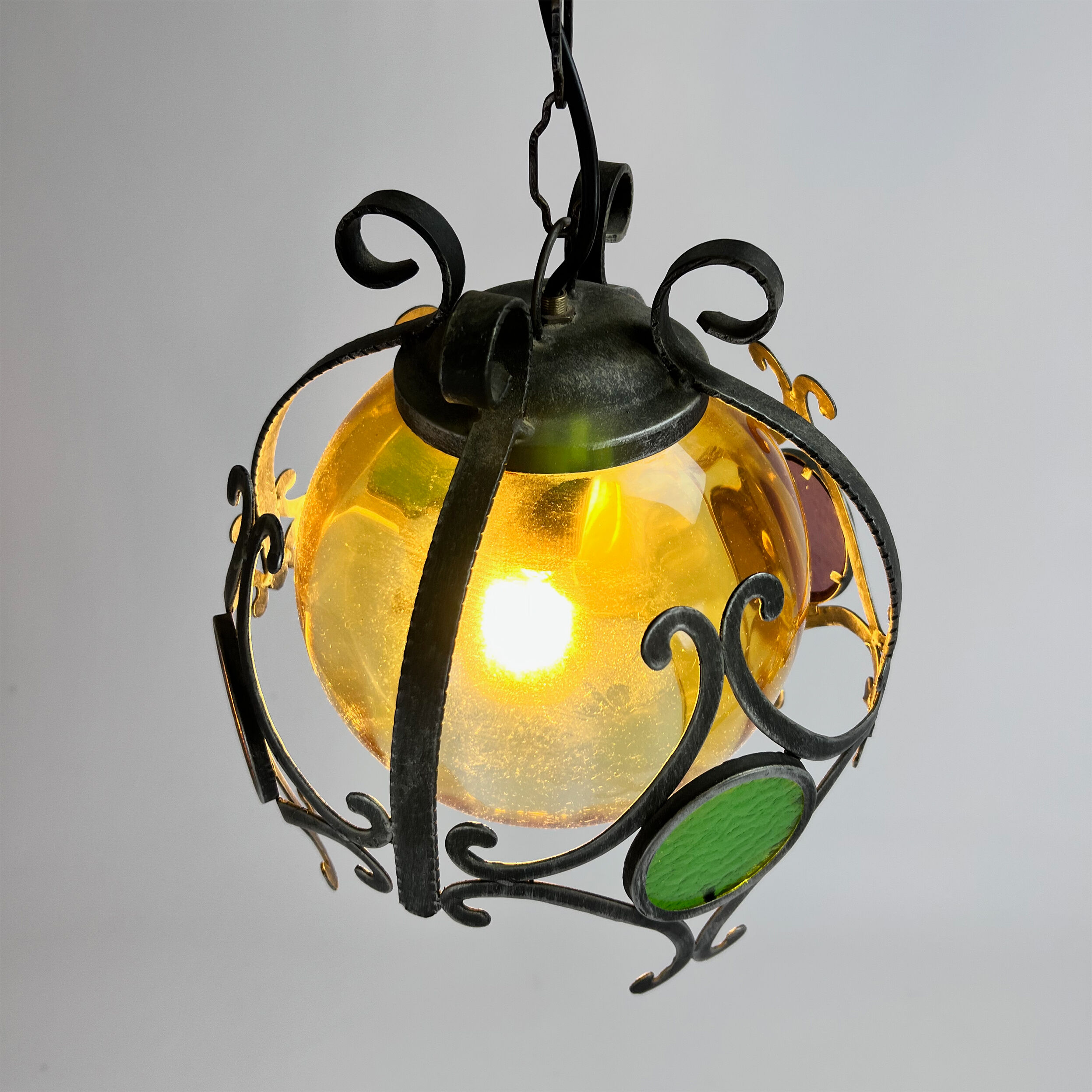 Brutalist cast iron and colored glass pendant, 1970s