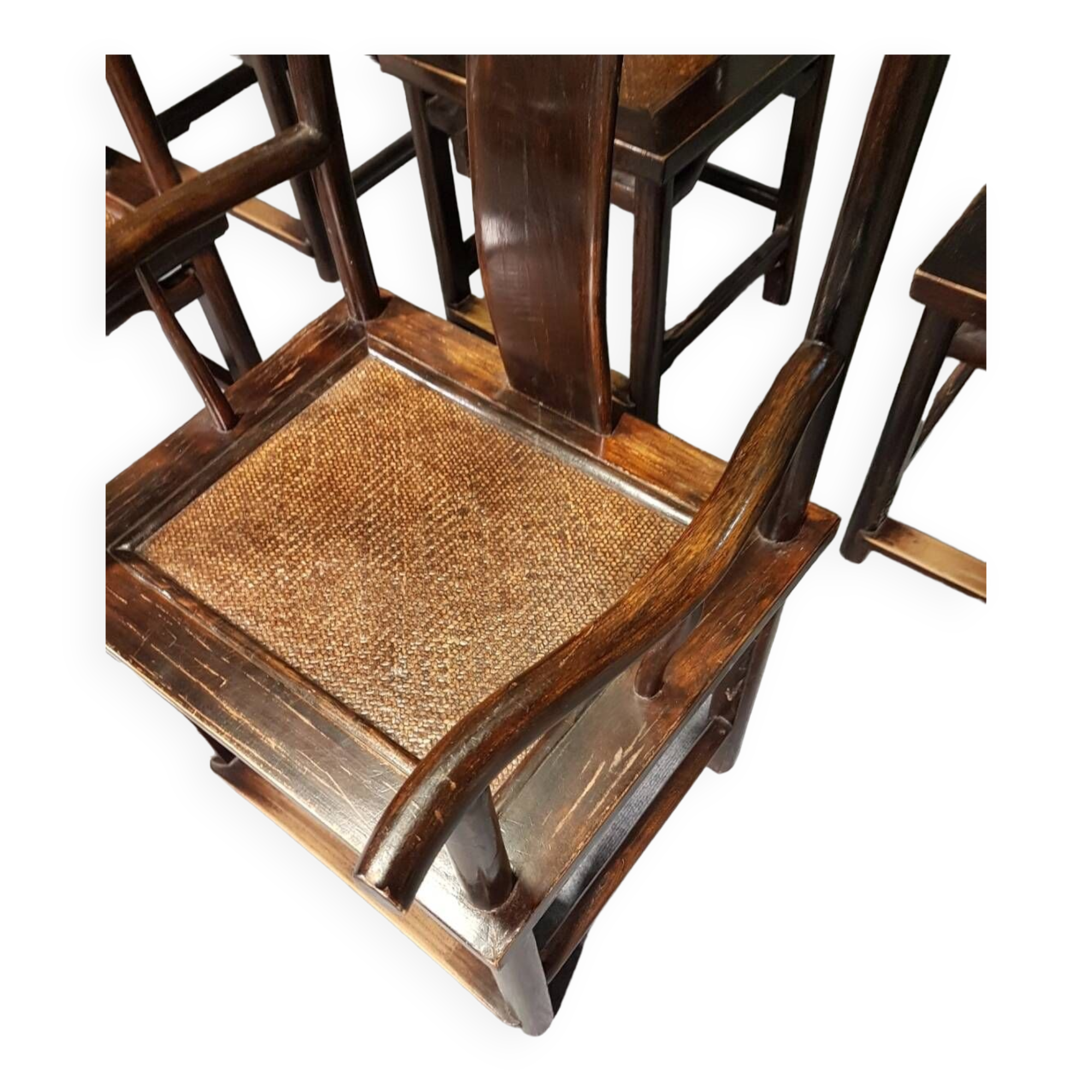 6 Vintage Oriental Asian Chinese Brown Tallback Yokeback Side Chairs. 2 x armchair / 4 x without a