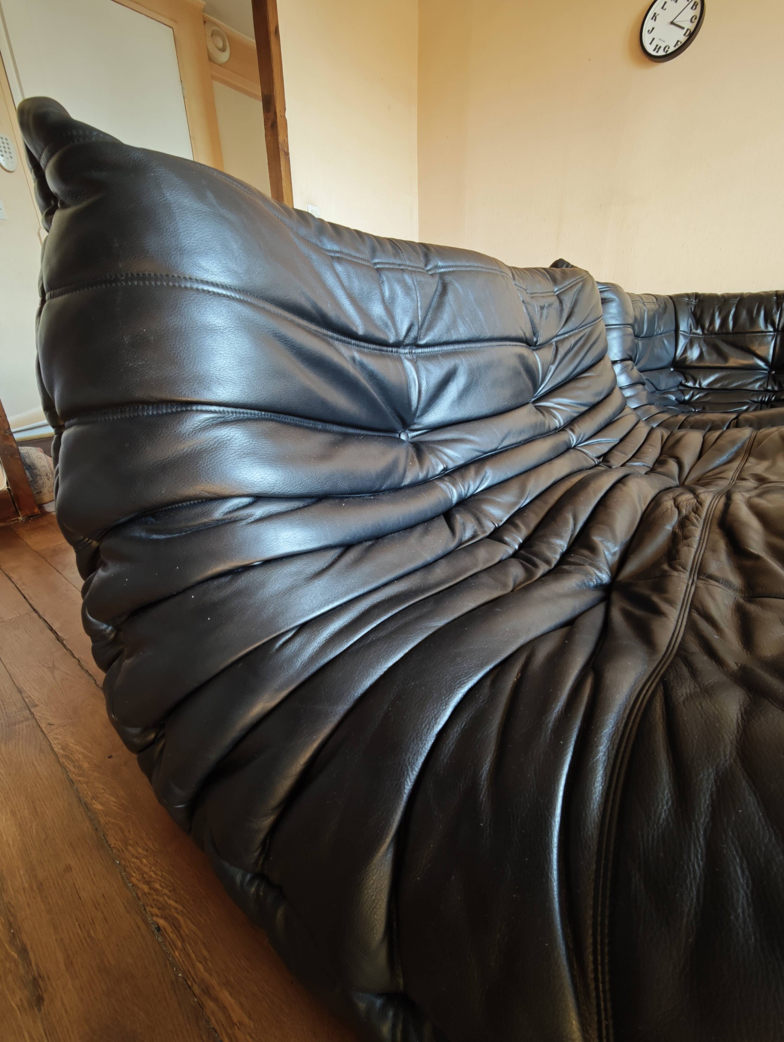 Ligne Roset Togo sofa, 3-seater, 2-seater, and corner in black leather.