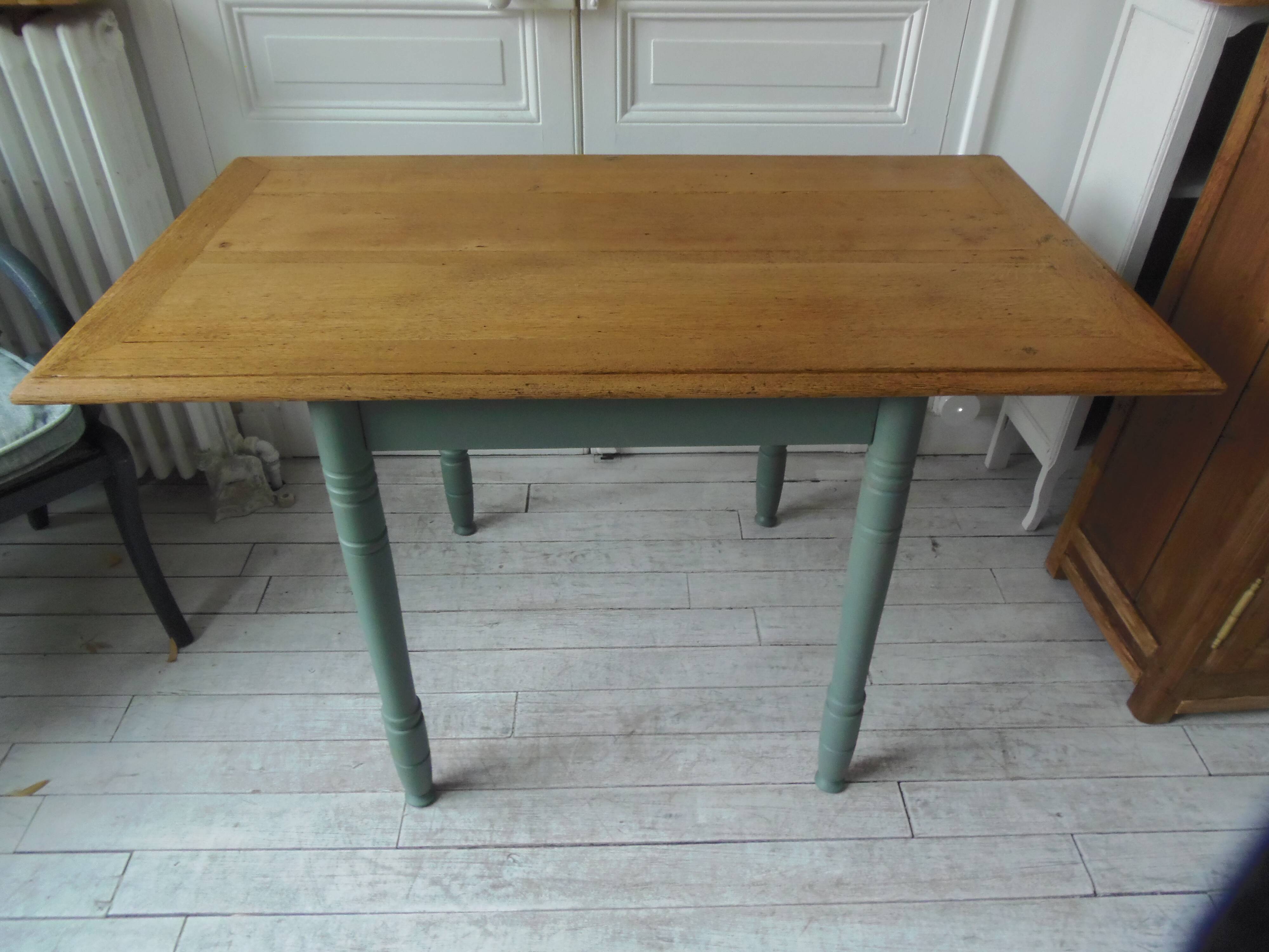 Table, vintage desk with smoked green base and oak top.