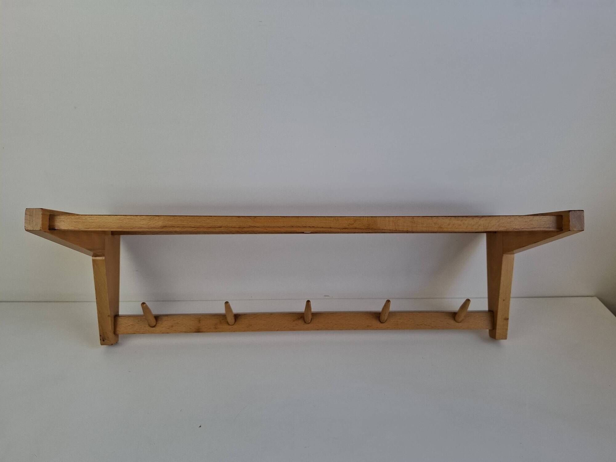 Uluv czechoslovakian mid-century wooden wall coat rack with shelf, 1970