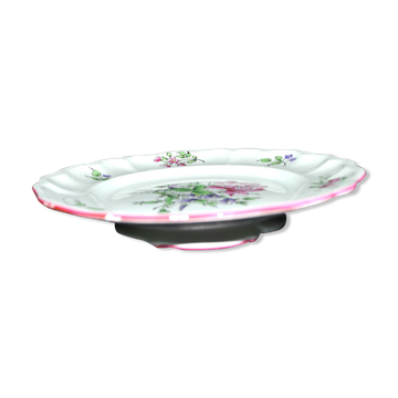 Round plate on pedestal, floral mounted dish, moonlight street lamp.
