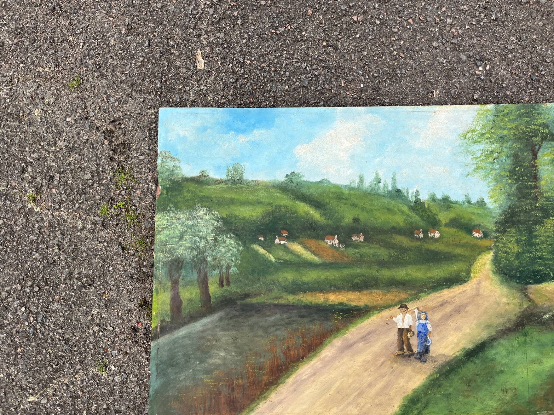 Oil painting landscape countryside signed Louroy - Characters