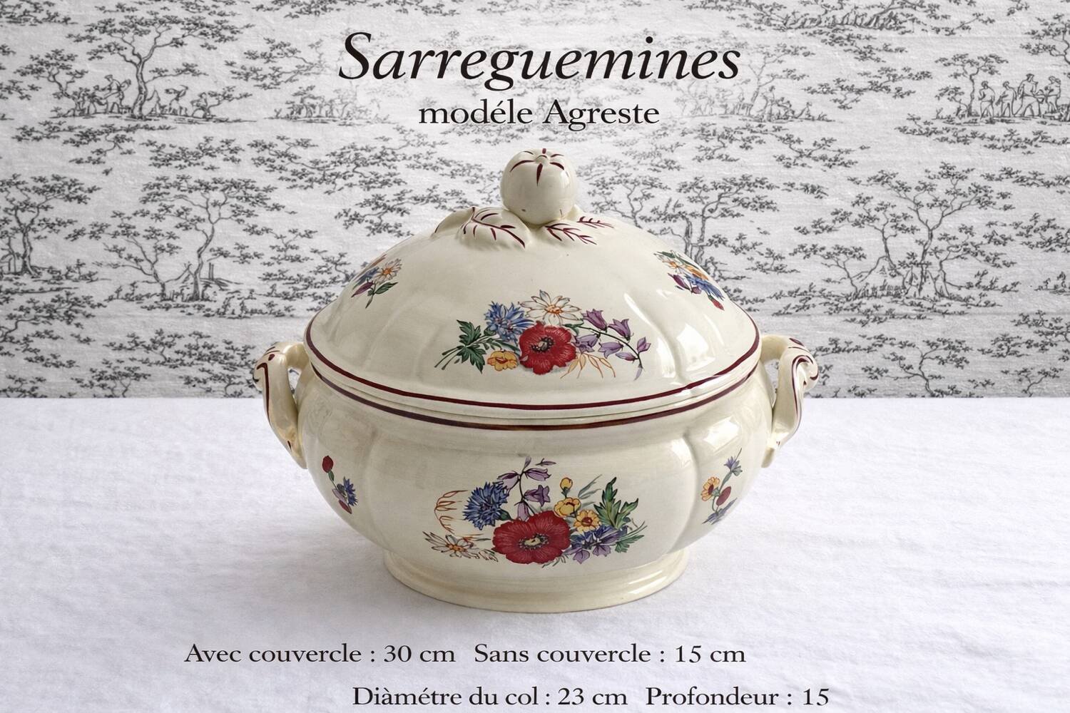 Sarreguemines Agreste soup tureen, antique French earthenware with lid.