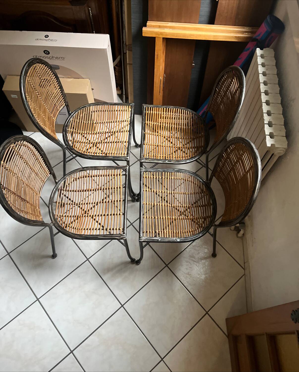 Set of 4 Wrought Iron and Rattan Chairs