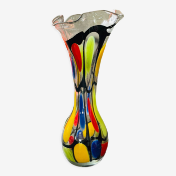 Vase vintage verre multicolore murano 1970 signé Nicolas