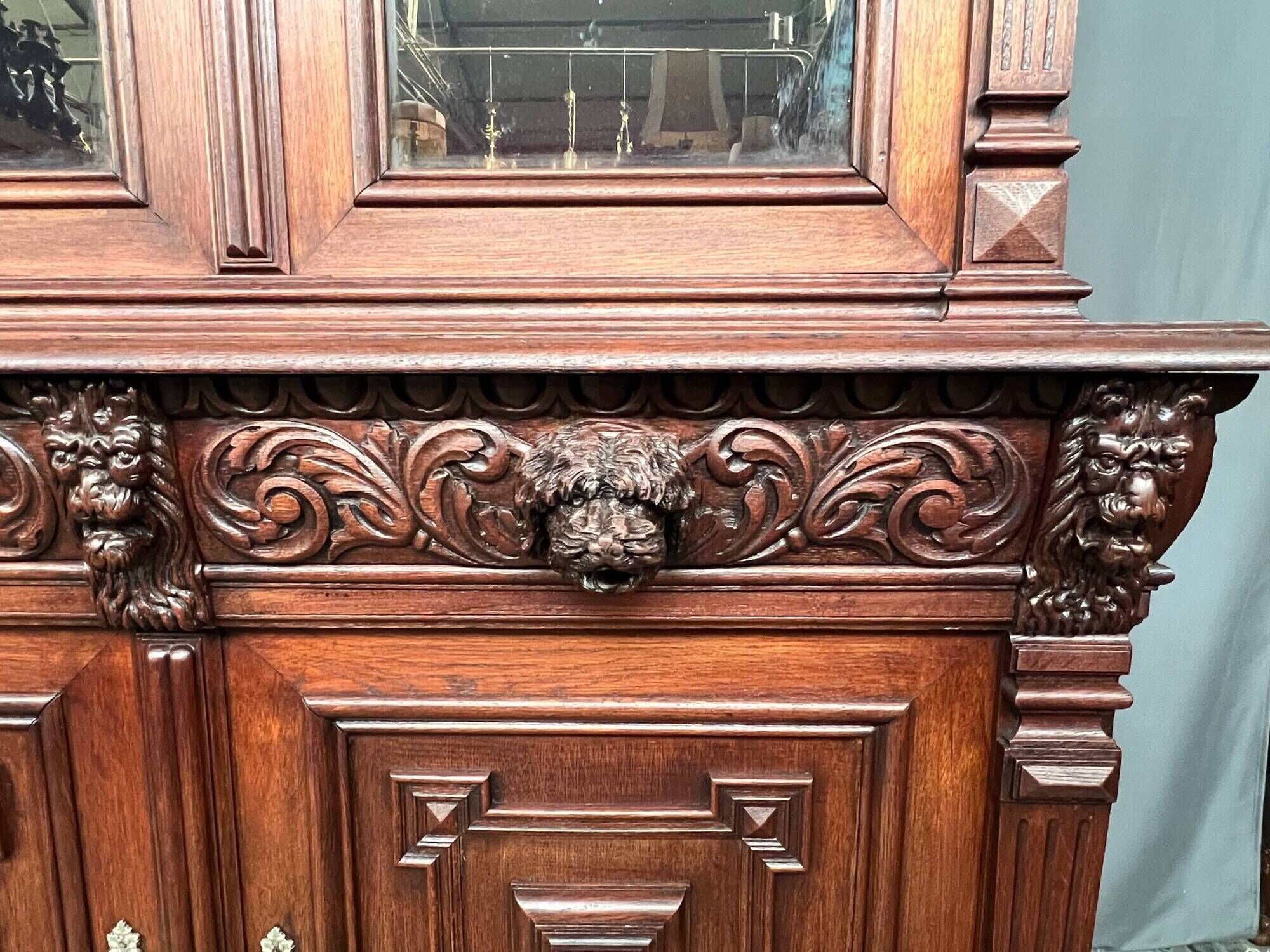 Library and buffet in antique Renaissance style. Beautiful sculptures. Solid oak. France. 19th century.