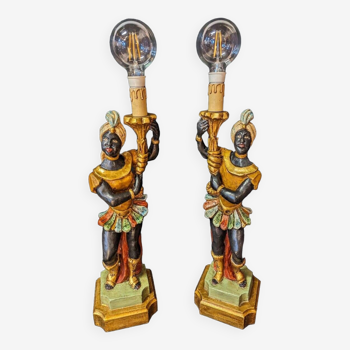 Pair Of Nubian Venetian Wooden Table Lamps