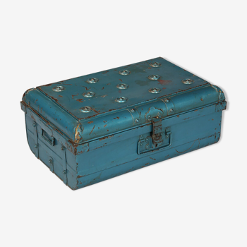 Indian travel trunk blue metal Victorian era