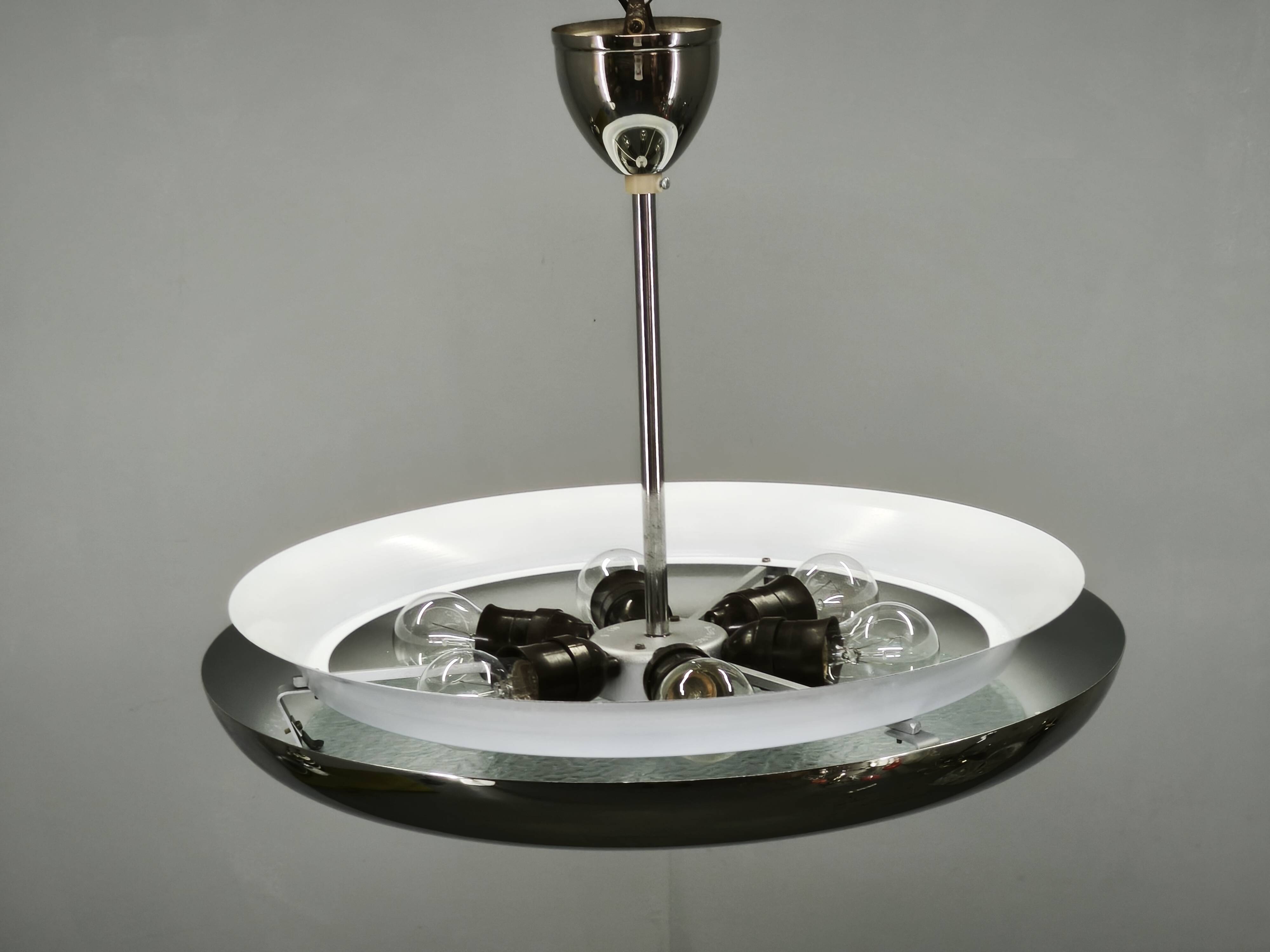 1930s Bauhaus UFO Chrome and Glass Pendant Light, Czechoslovakia