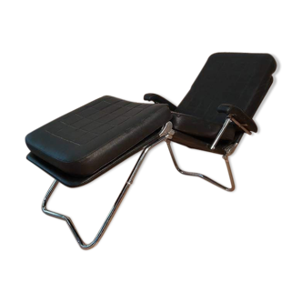 Long chair relax vintage skaï noir by condor-pParis 1970