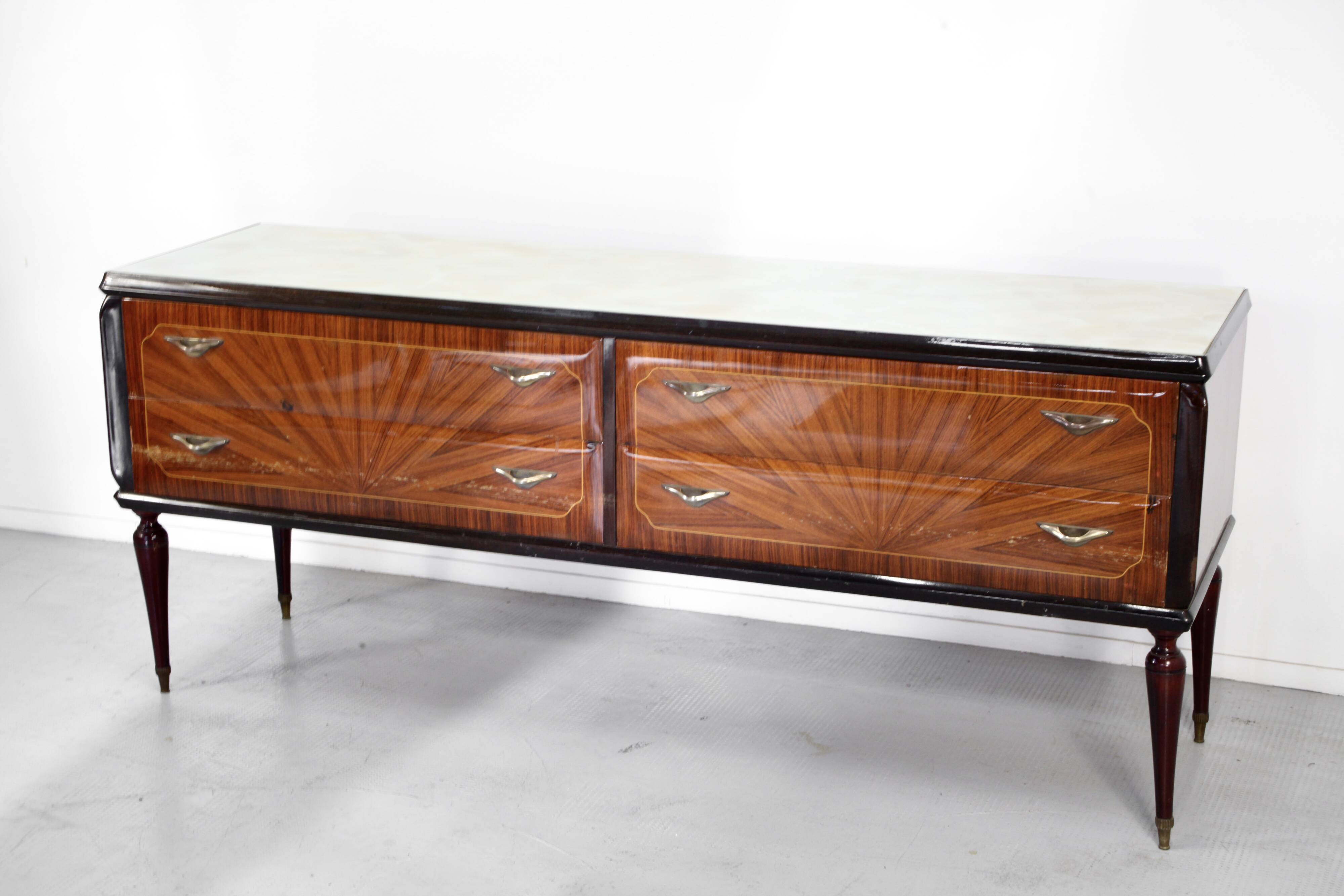 Midcentury Italian Sideboard / Dresser In Walnut And Brass. Vintage Modern
