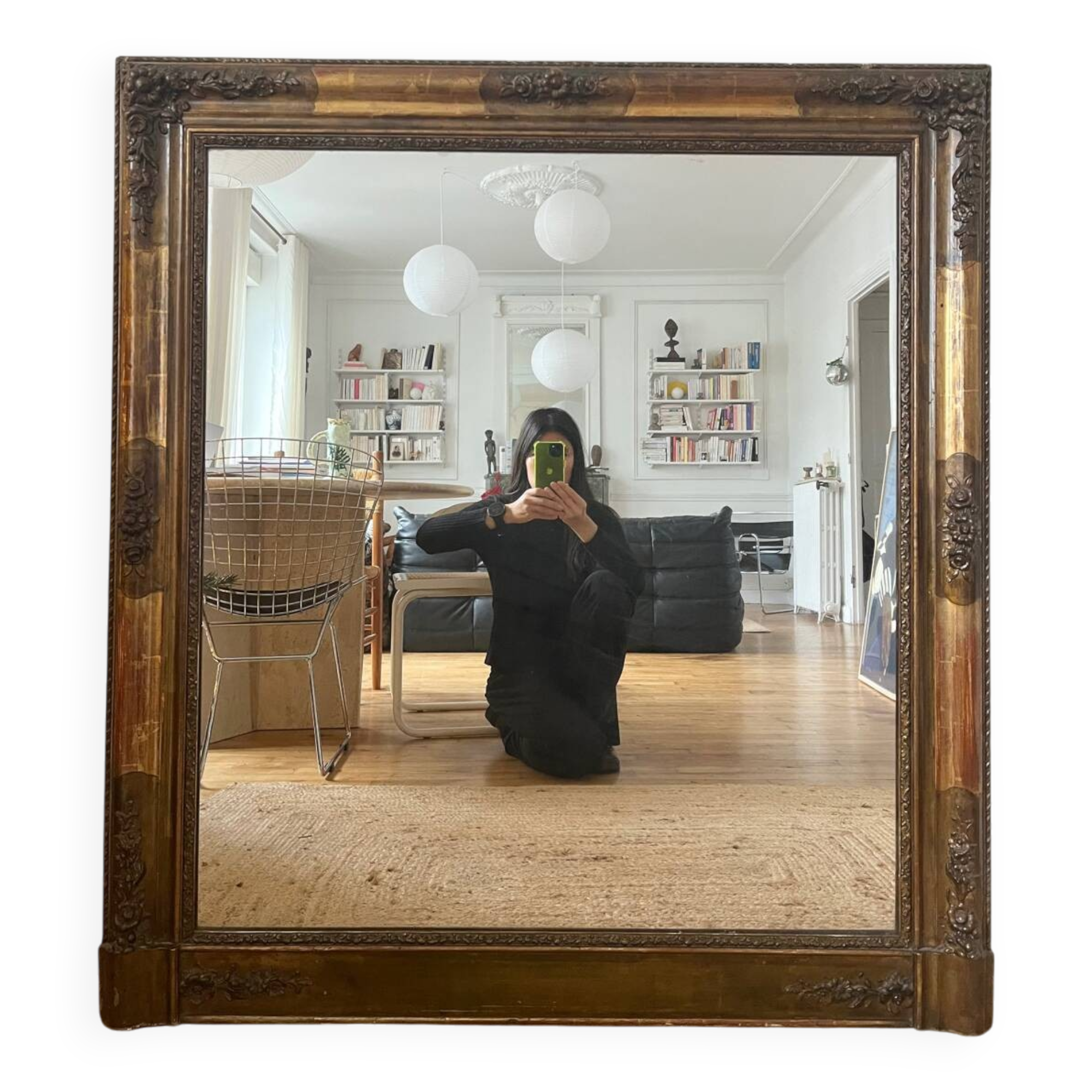 Large antique gilded wood mirror, 108cm x 118cm