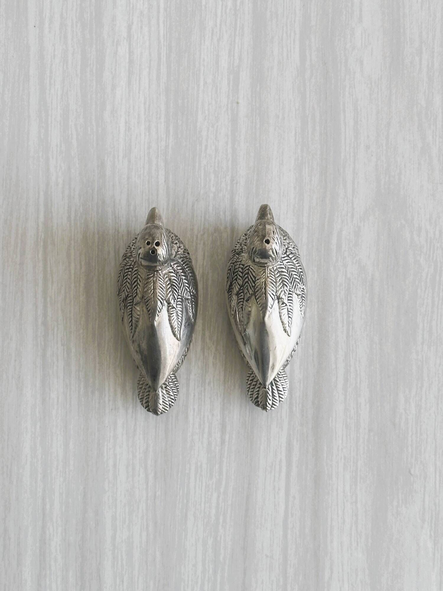 Silver plated duck shaped salt and pepper shakers