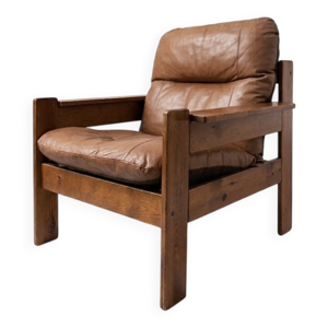 Fauteuil en cuir brutaliste, années