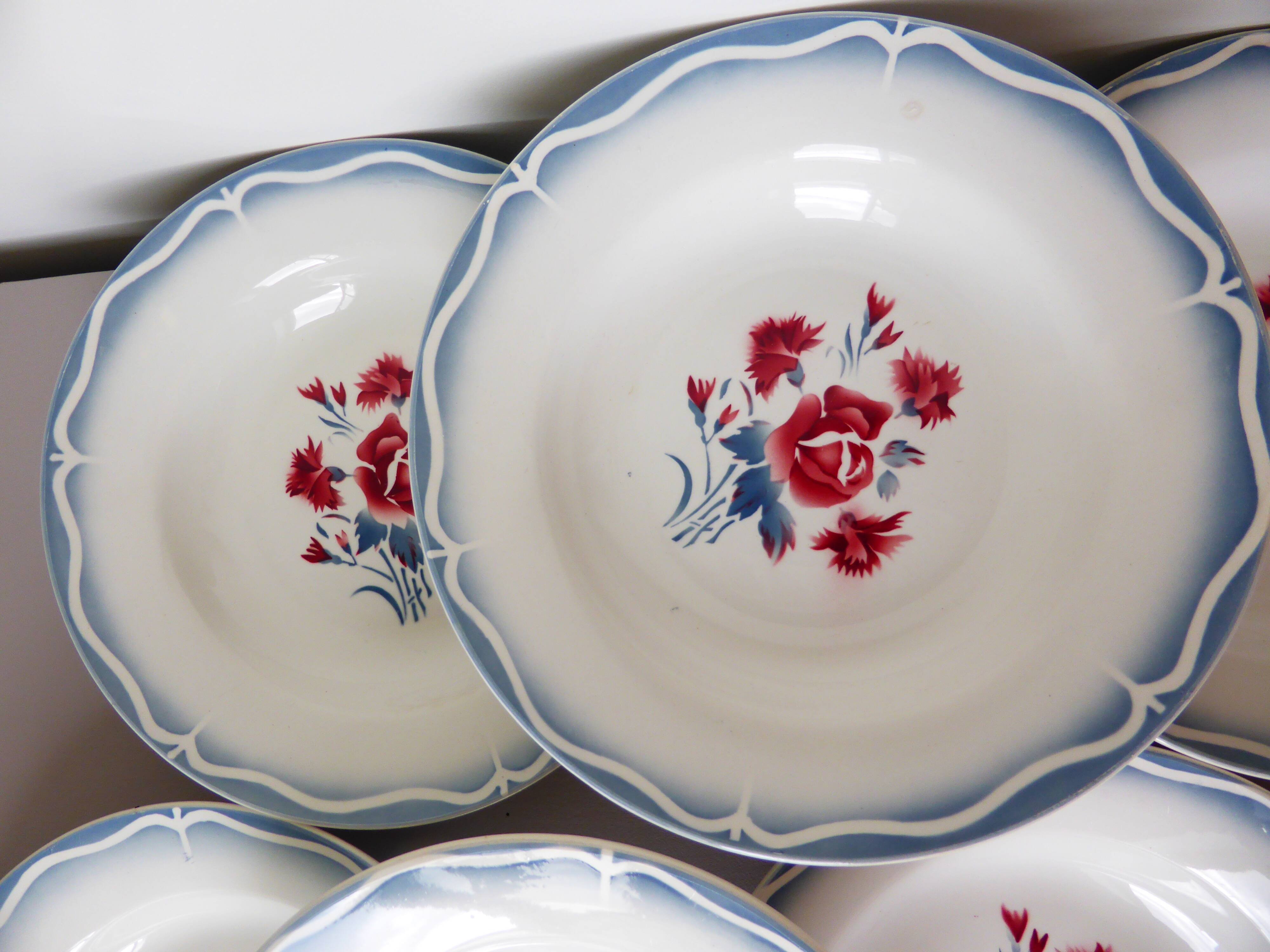 6 vintage Digoin Sarreguemines soup plates, Nina Rosa model