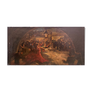 Tableau peinture ancienne danseuse de flamenco Séville début XXe