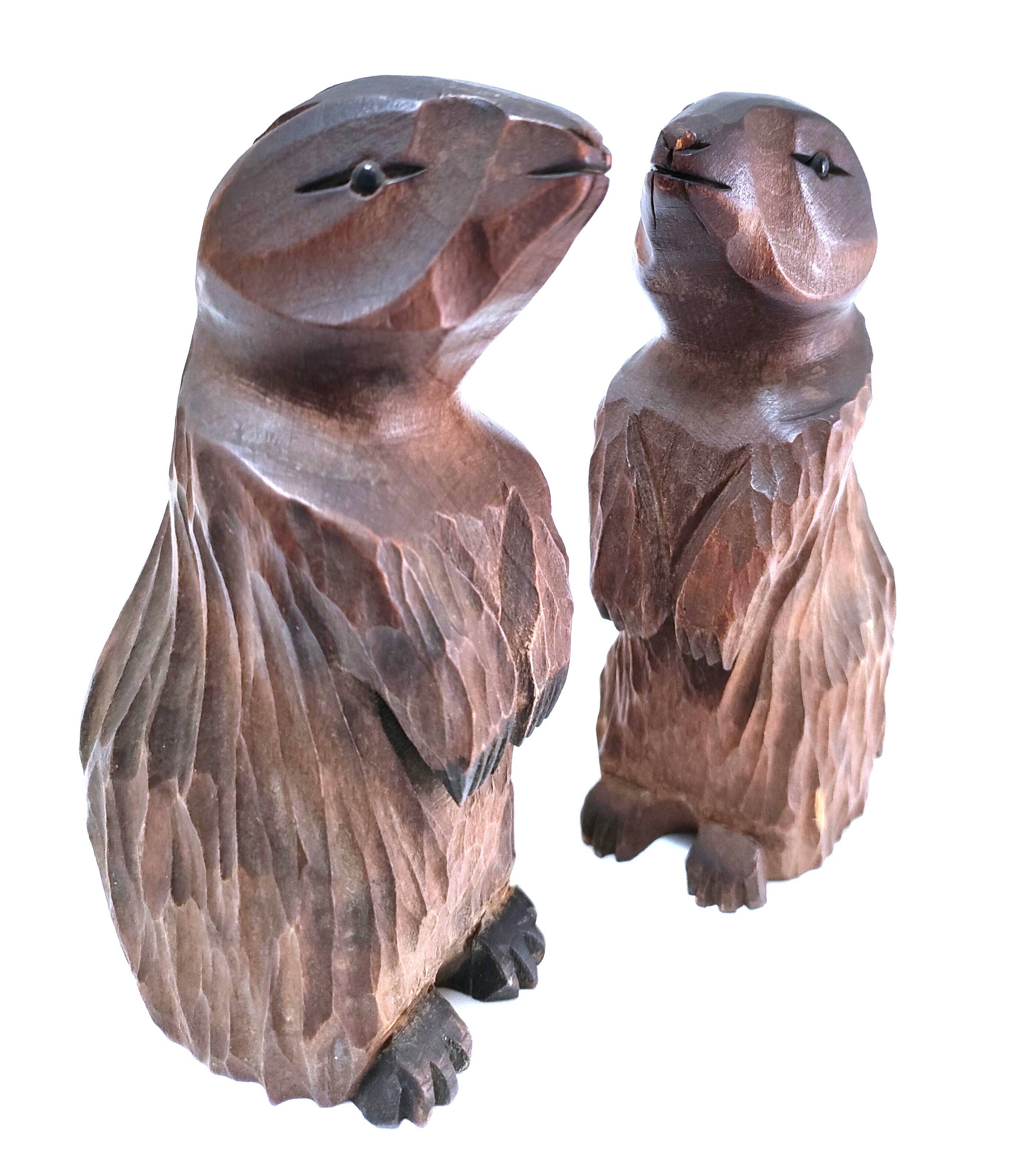 Deux marmottes bois sculpté art populaire français