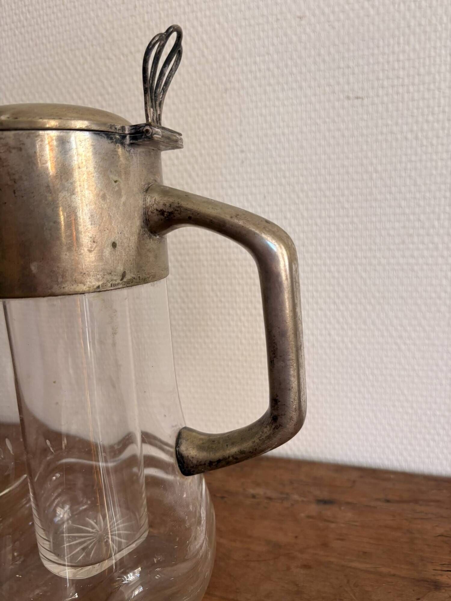 Chiller pitcher, lemonade jug, silver metal glass, Art Nouveau wine carafe.