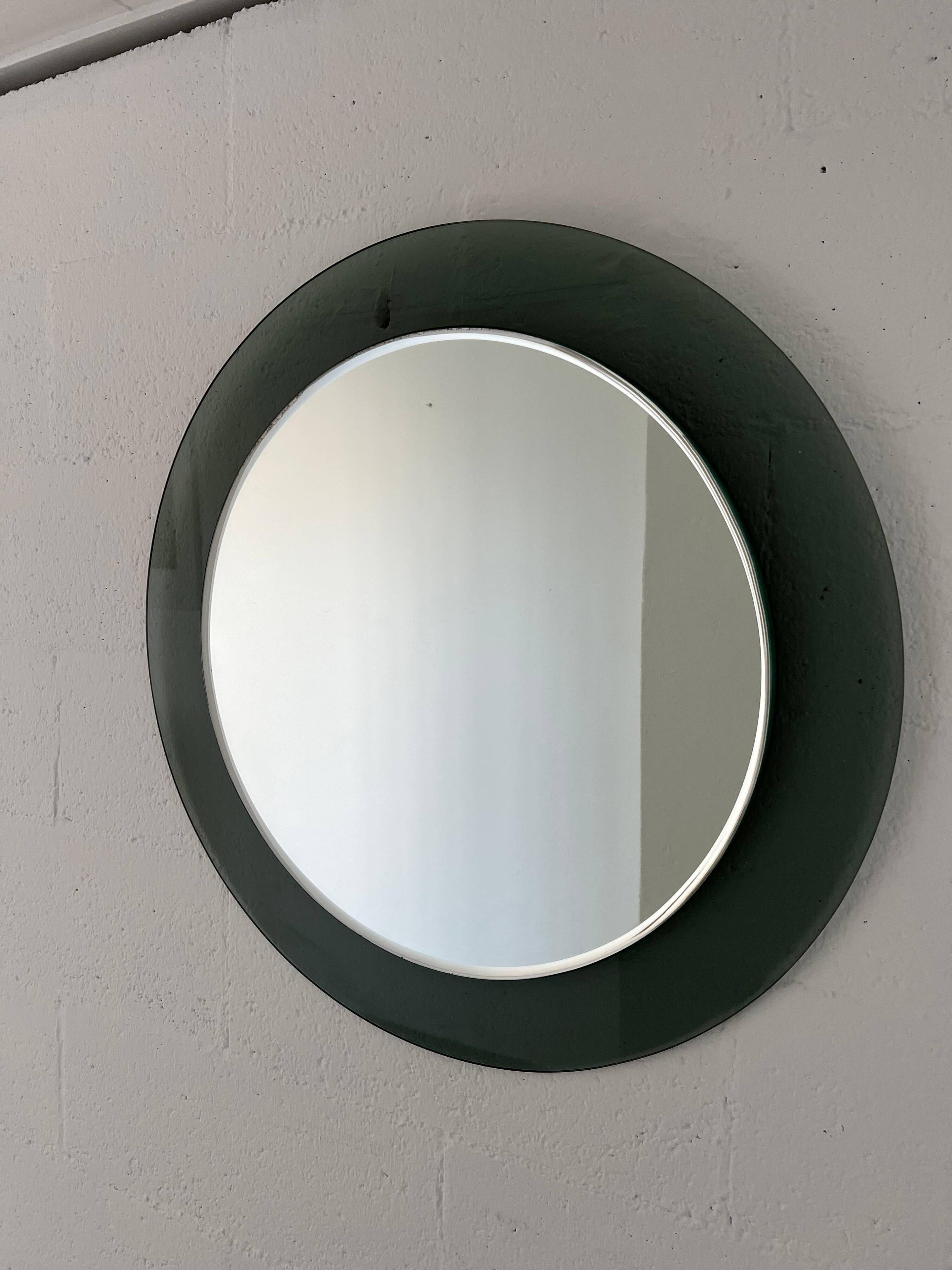 Decorative round wall mirror in smoked glass, Space Age Italian collectible