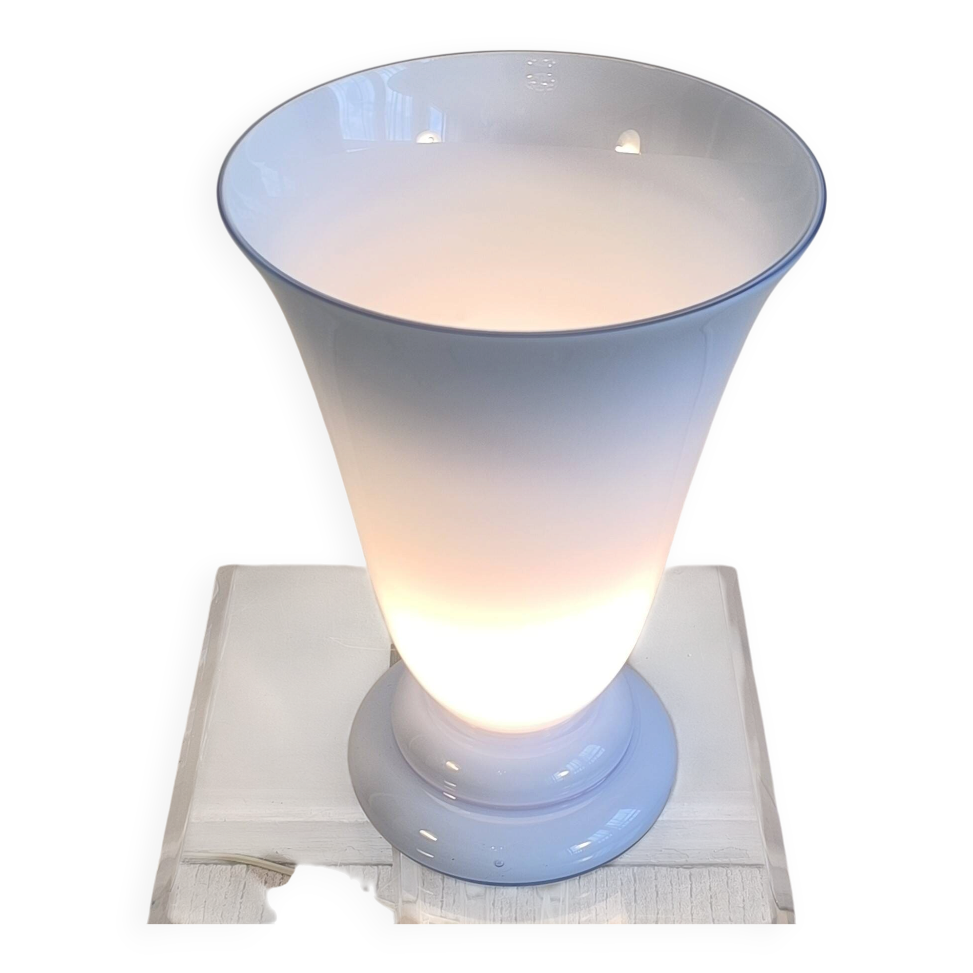 Magnificent large vintage lamp in opaline blue Bohemian glass — signed