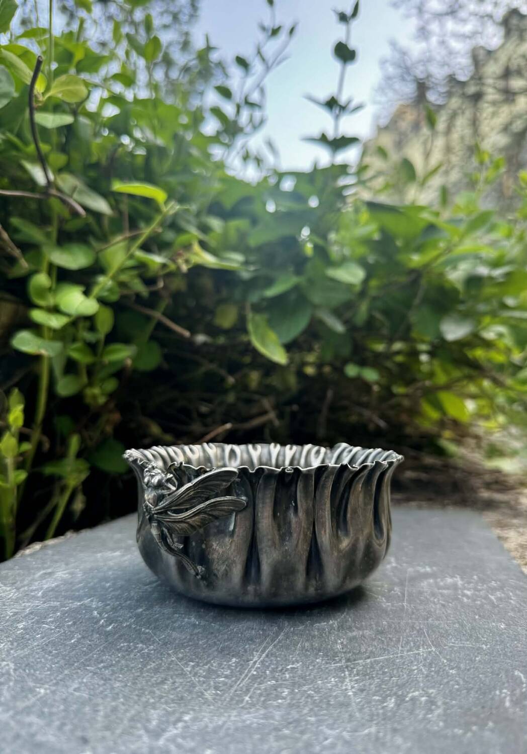 Silver fruit bowl with dragonflies Art Nouveau