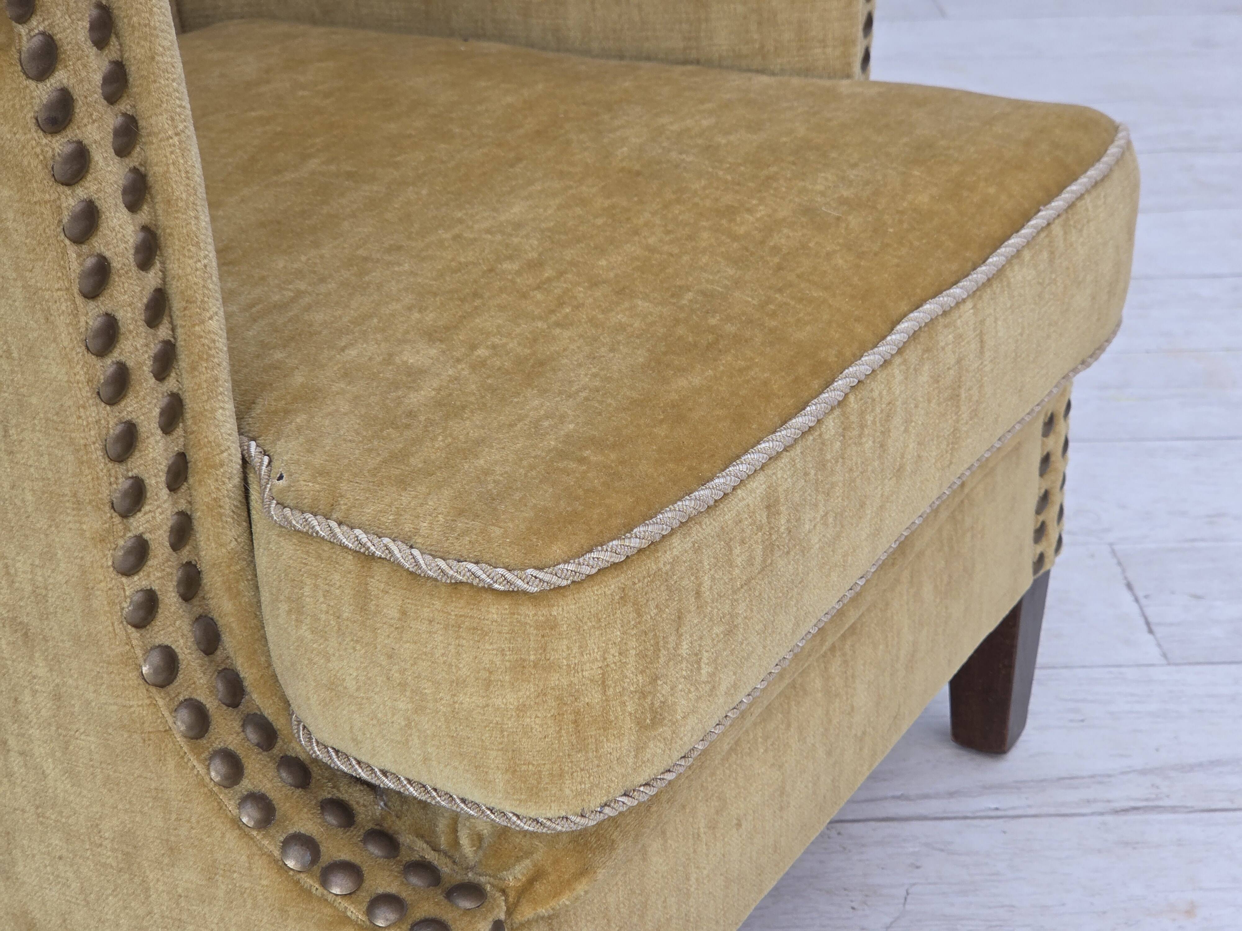 1960s, Danish armchair, honey-yellow furniture velour, original condition.