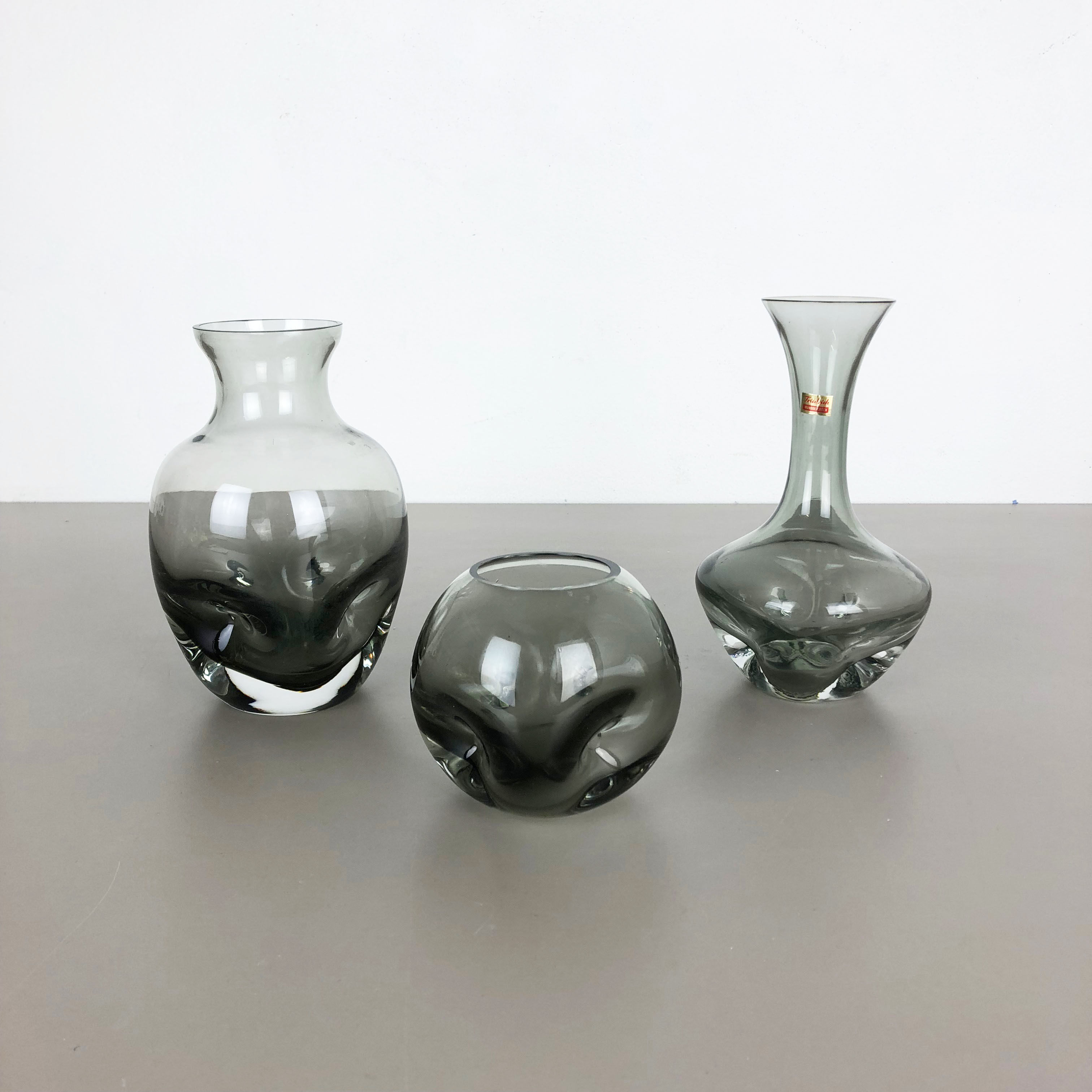 Set of 3 cubic hand blown crystal glass vase by Friedrich Kristall Germany 1970s