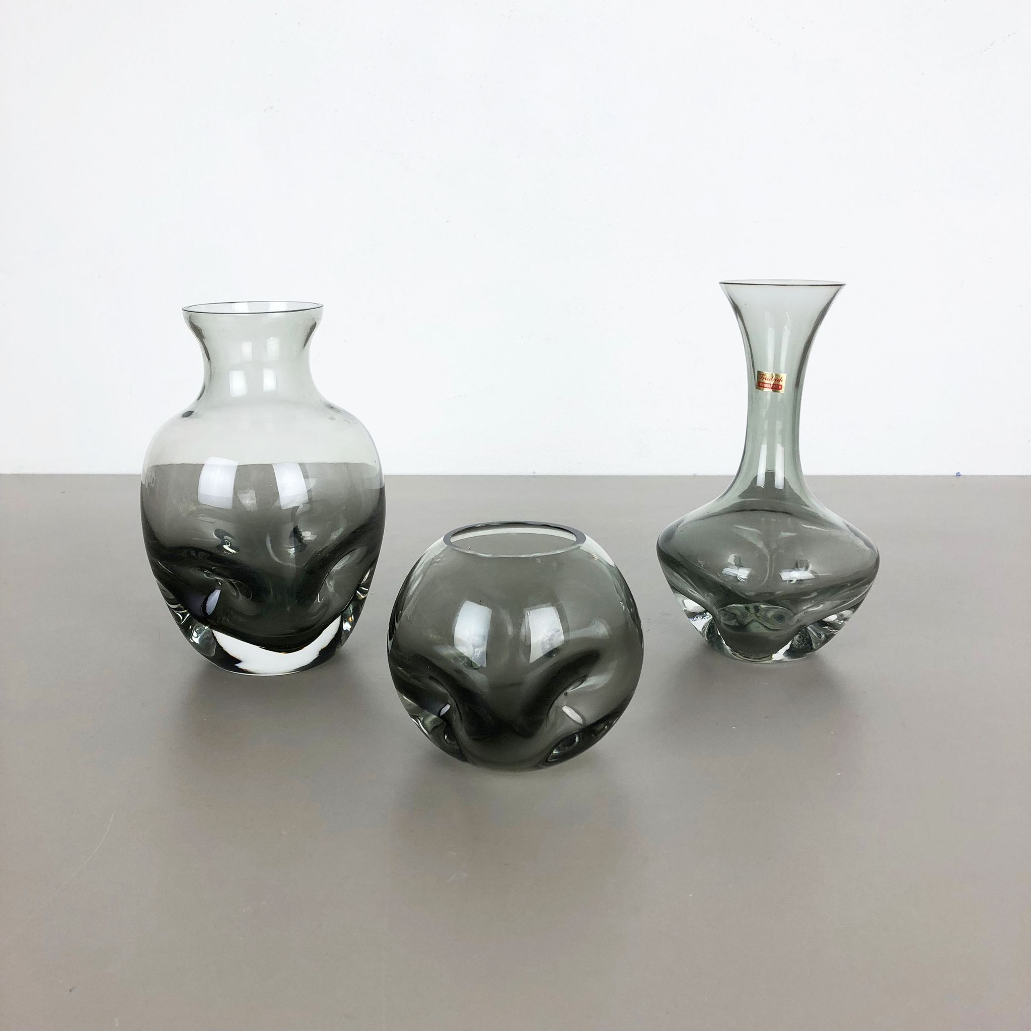 Set of 3 cubic hand blown crystal glass vase by Friedrich Kristall Germany 1970s
