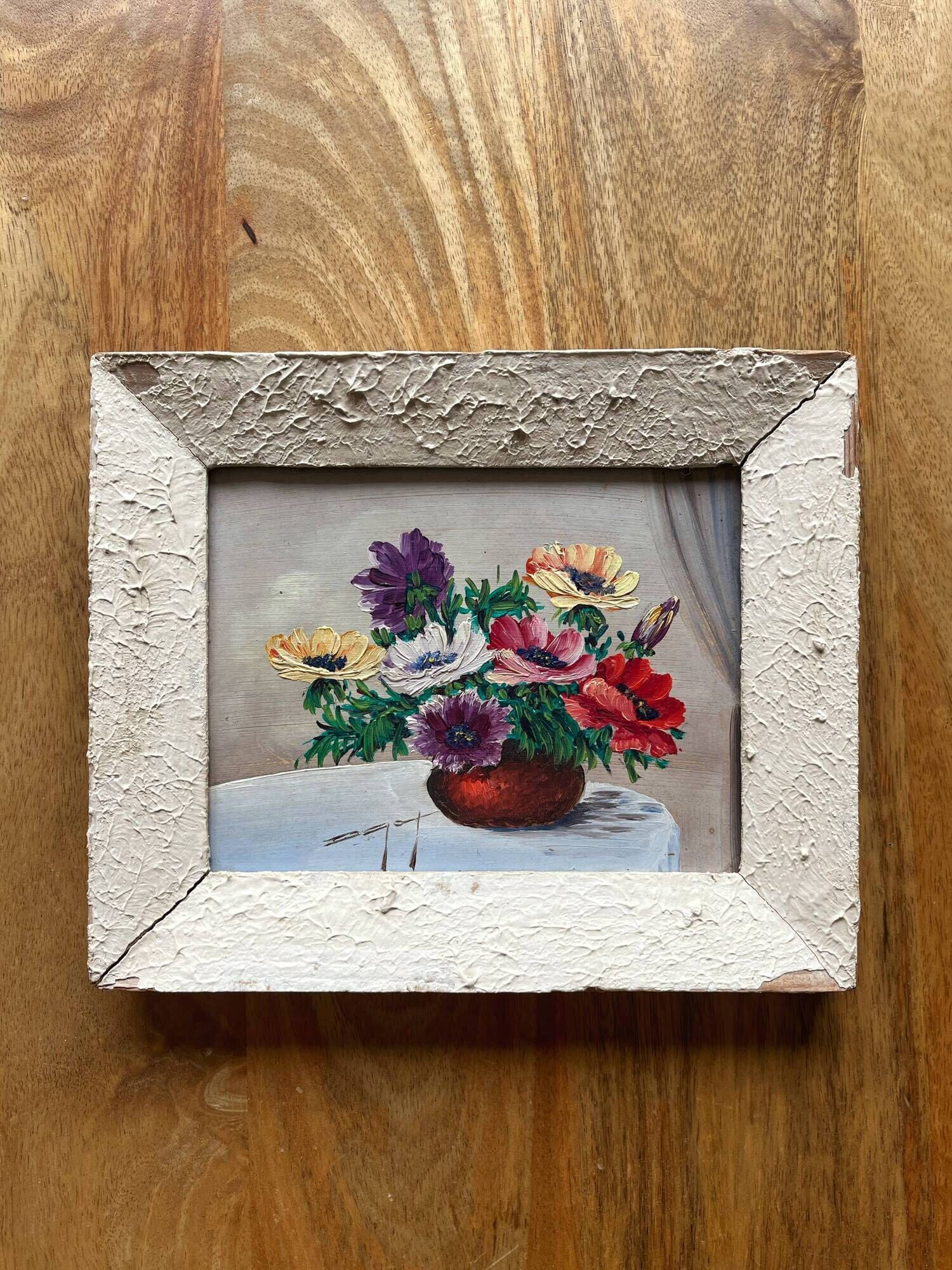 Painting framed bouquet of anemones signed