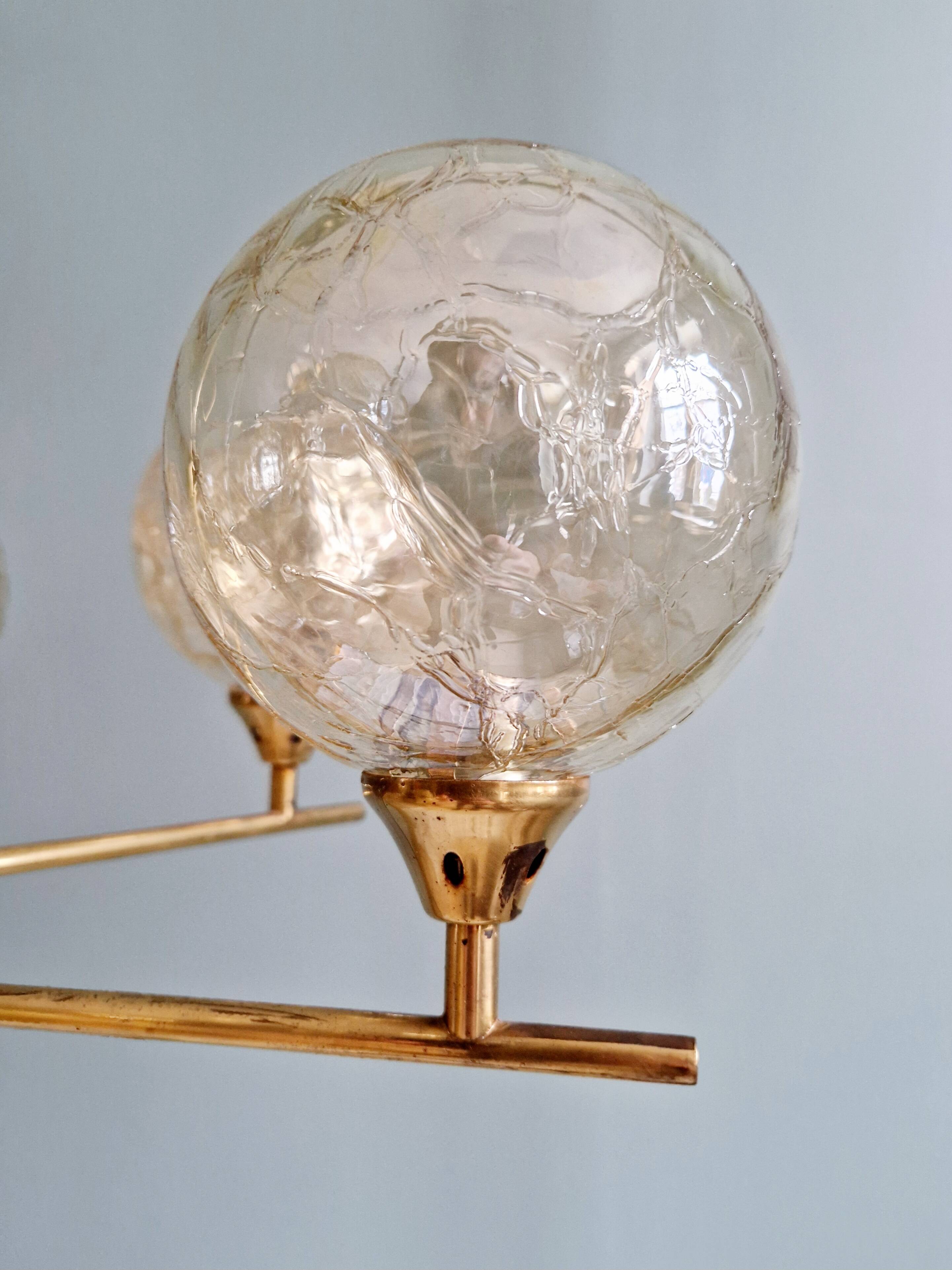 Brass chandelier with amber cracked glass globes, 1950s-60s