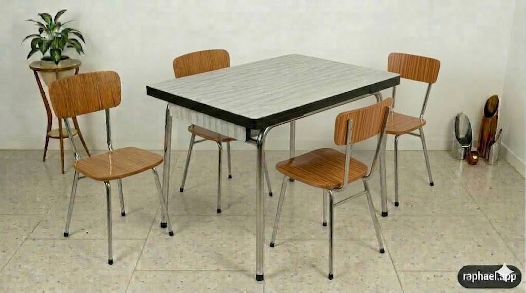 Ensemble Table et 4 chaises Formica Blanc et zébrures grises ou brunes