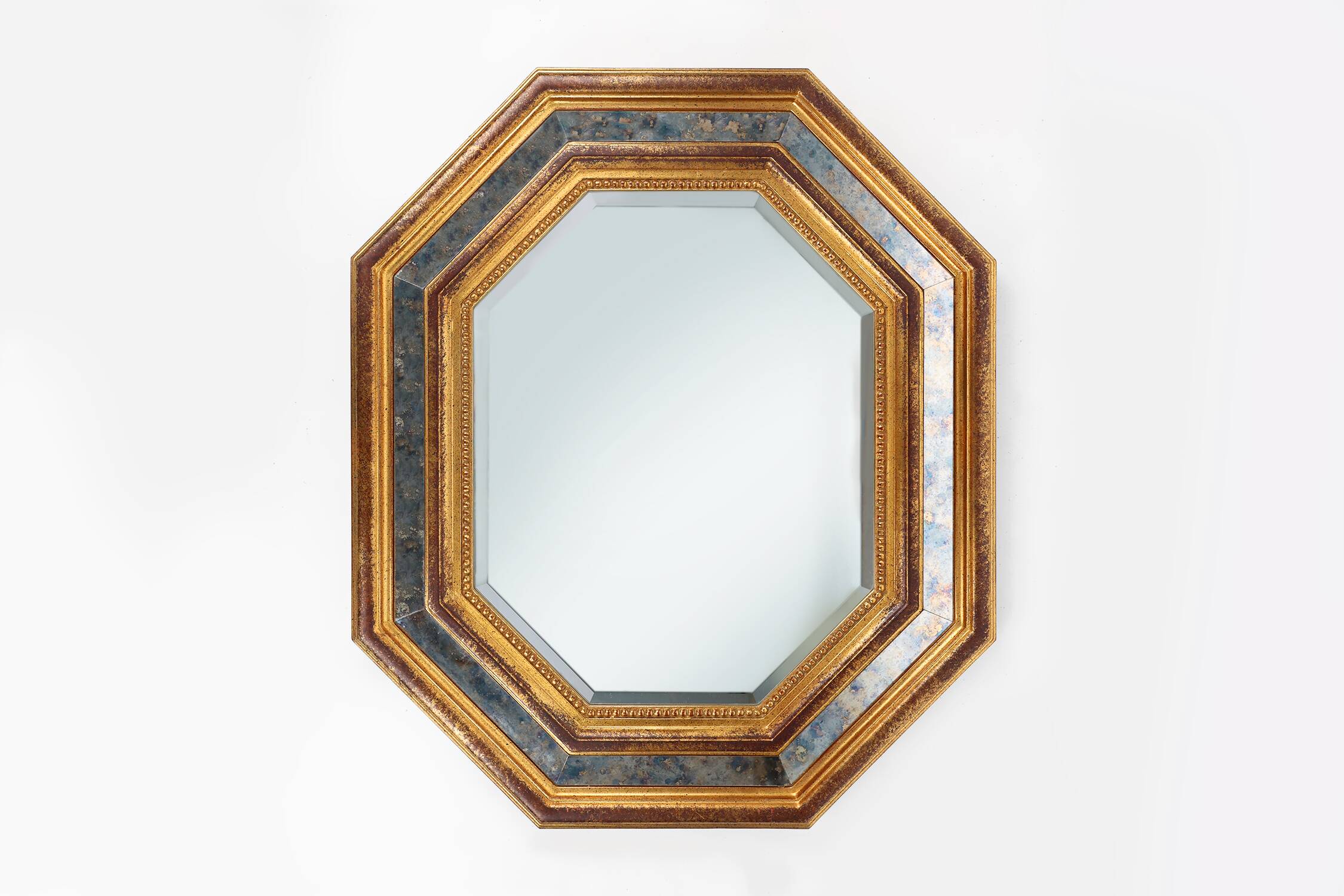 Gilded octagonal mirror by Deknudt Belgium decorated with smoked mirror gla