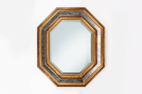 Miroir octogonal doré de Deknudt Belgique décoré de verre miroir fumé
