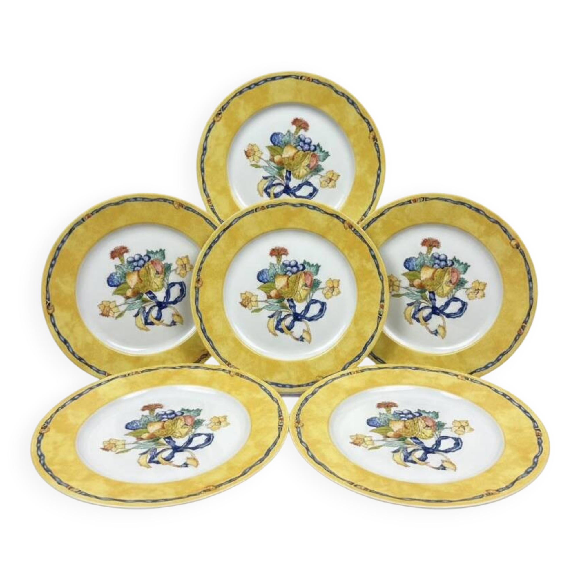 6 Bernardaud Limoges Borghese plates with yellow fruit and blue ribbon decoration