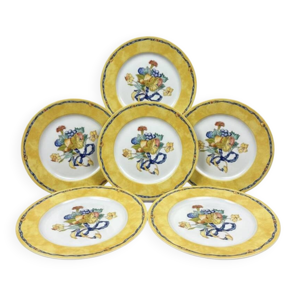 6 assiettes Bernardaud Limoges Borghese décor jaune fruits et ruban bleu