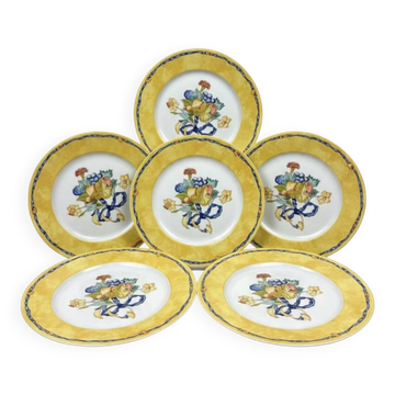 6 assiettes Bernardaud Limoges Borghese décor jaune fruits et ruban bleu