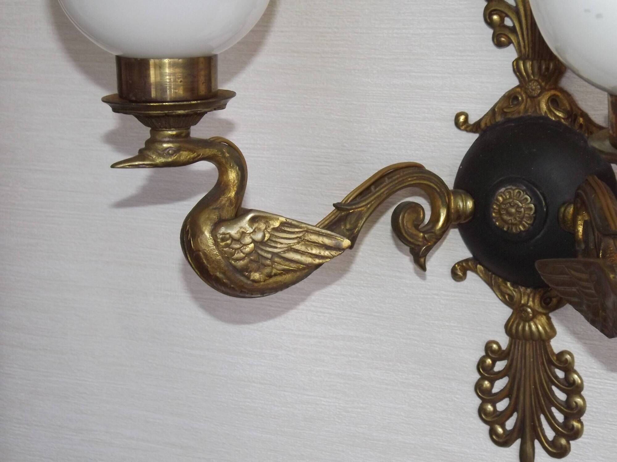 Pair Of Lucien Gau Style Double Swan Wall Lights With Opaque Glass Shades