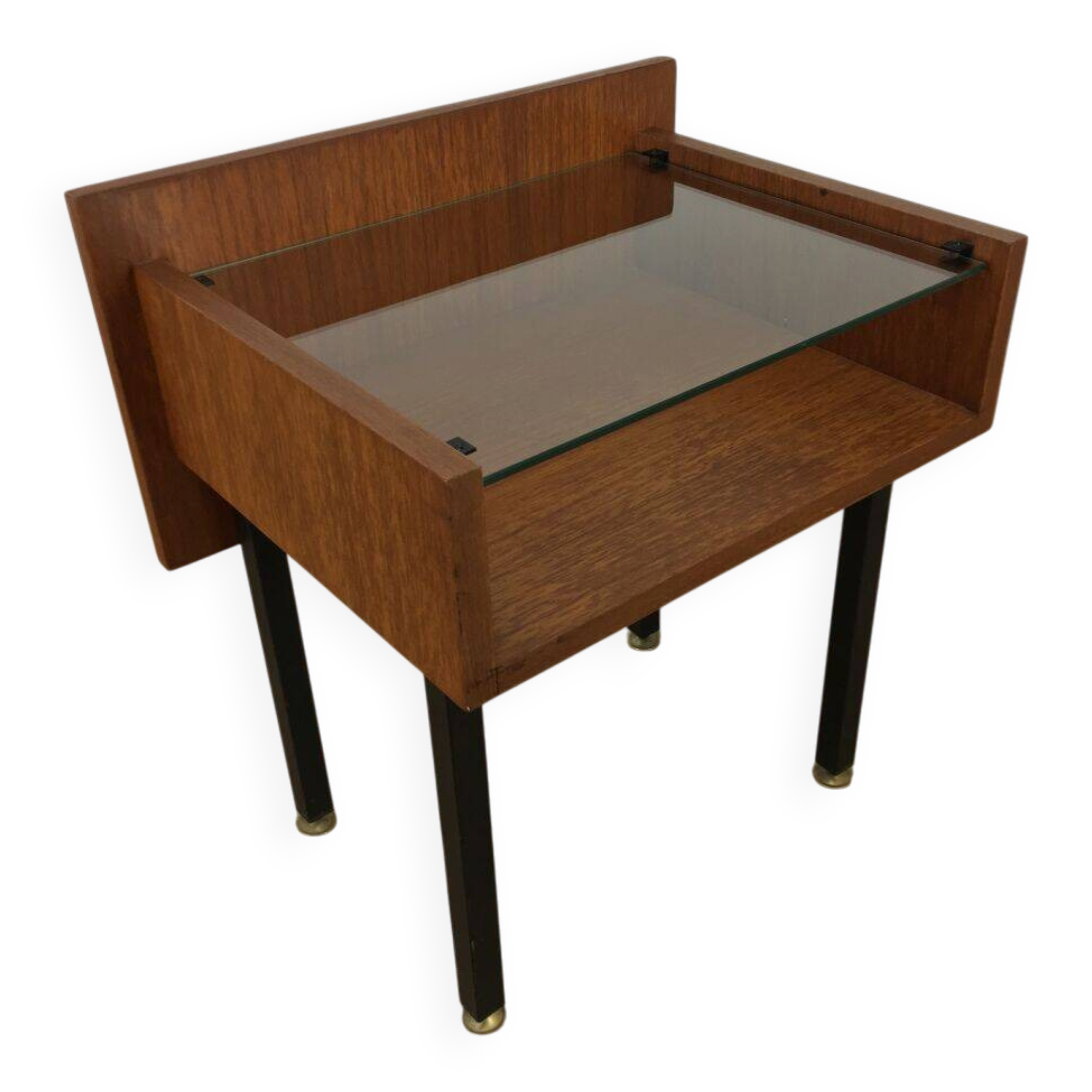 Modernist bedside table from the 1950s, wood and glass.