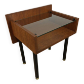 Table de chevet moderniste années 50, bois et verre