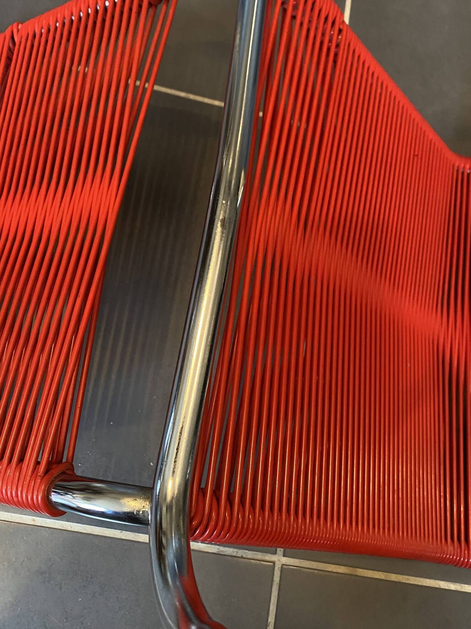 Scoubidou chair or vintage 1960 red chrome spaghetti chair