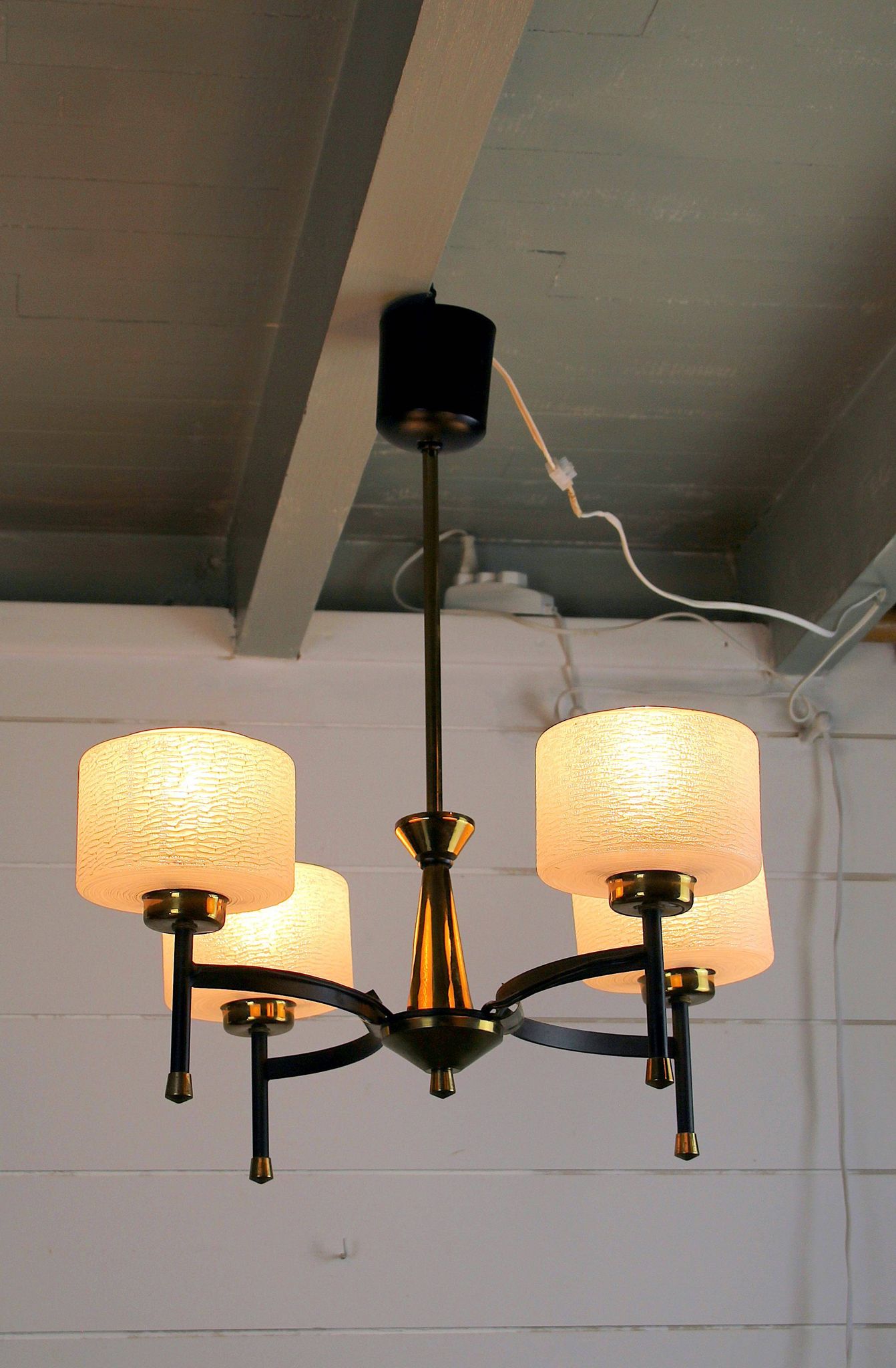 Maison Arlus, Mid-century chandelier, brass and opaline, France 1950