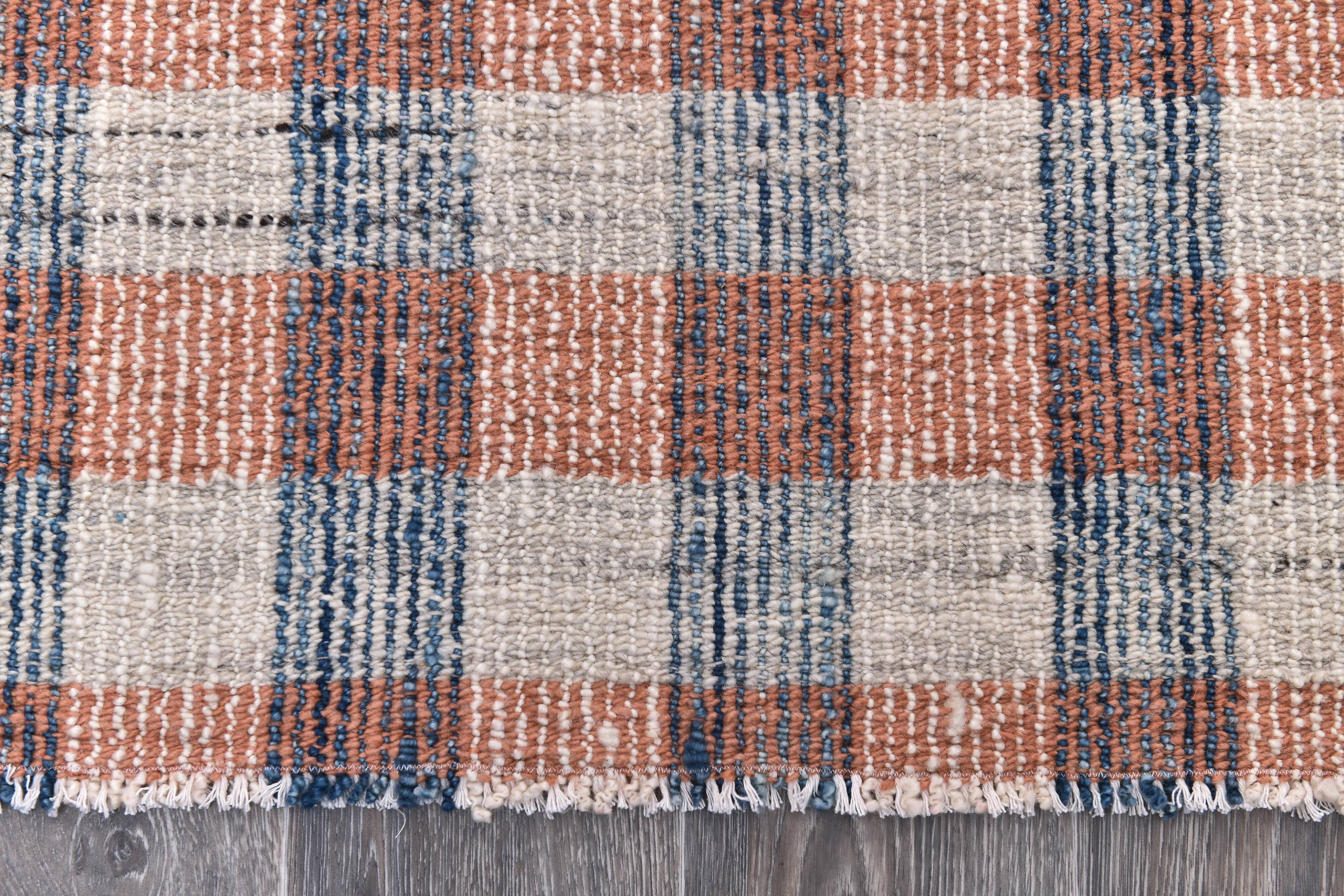 190x290 cm organic wool made kilim , orange blue wool kilim, kilim stripe
