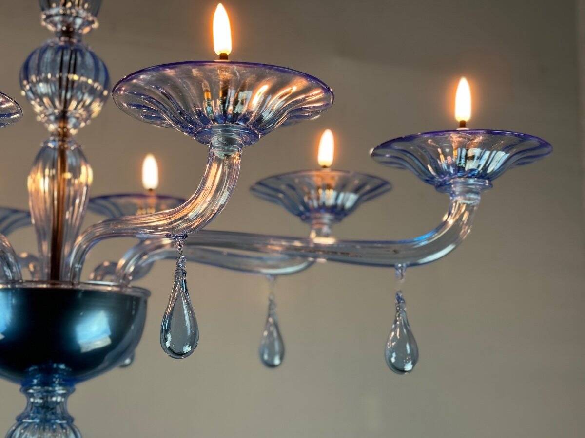 Blue murano glass venetian chandelier, 8 light arms