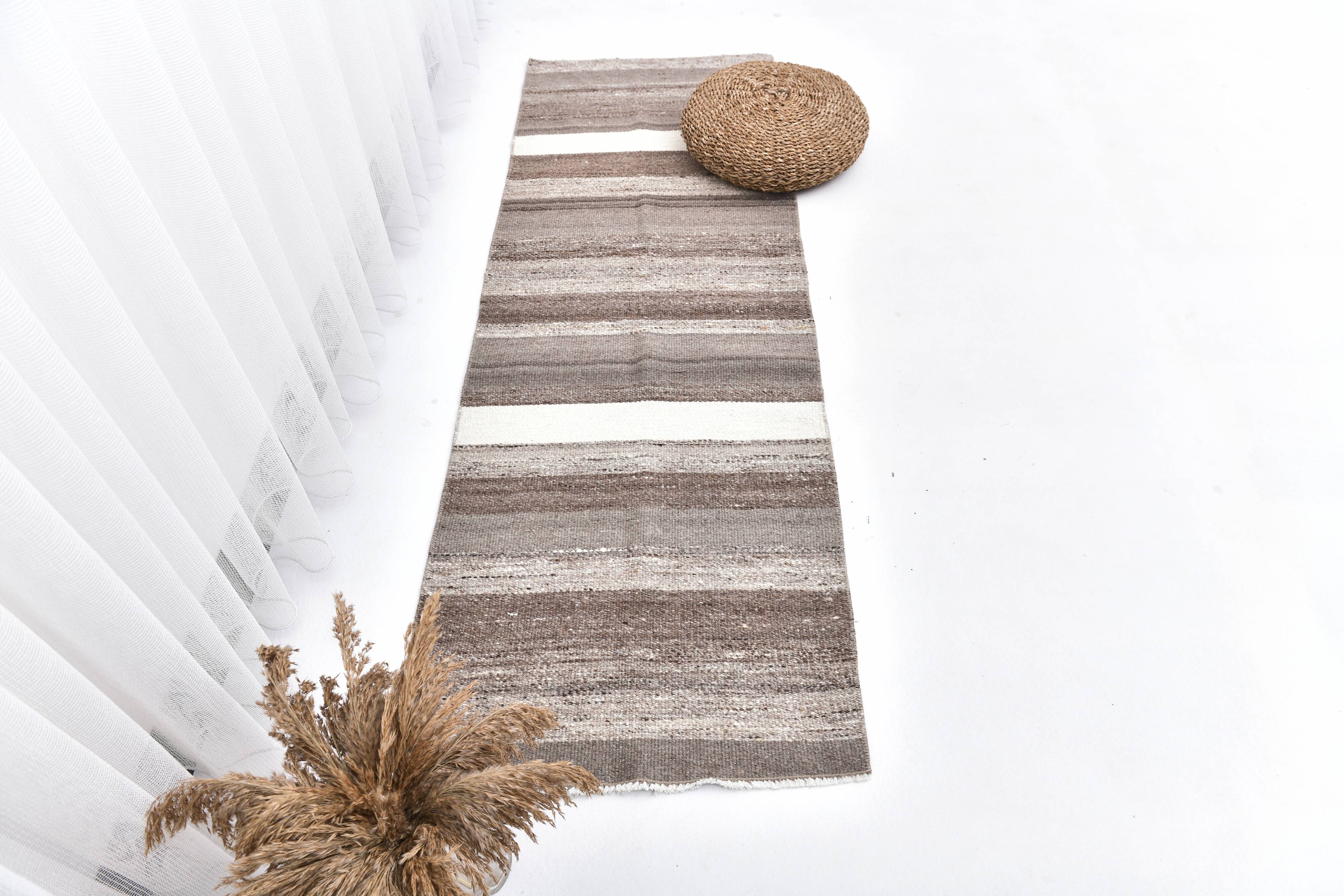 Brown natural wool kilim , hand made wool kilim , runner kilim rug 66x191cm